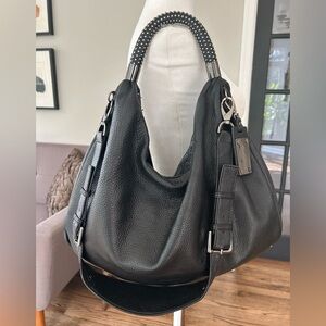 KENNETH COLE Black Leather Slouchy Hobo Bag with Studded Handle